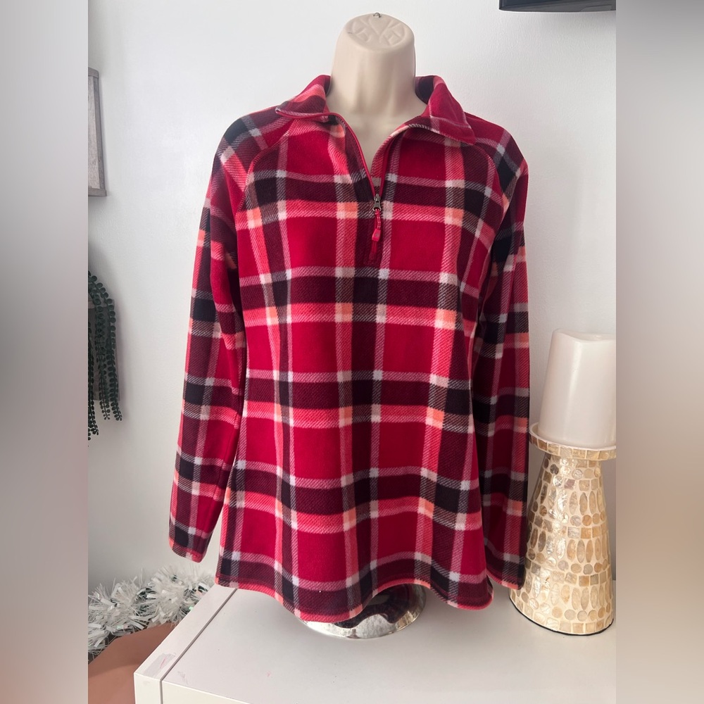 Eddie Bauer Red and Pink Plaid Fleece Pullover